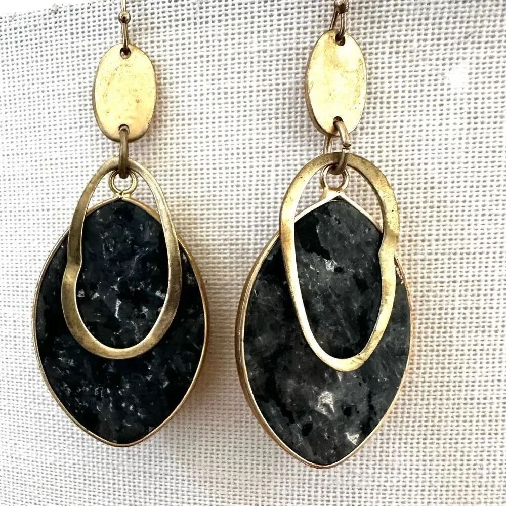 Boho Black Faux Druzy Drop Earrings with Gold-Tone Accents